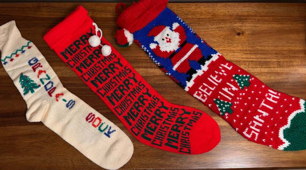 Vintage Knit Christmas Stockings Set of 3 Santa Grandpa Pom Poms